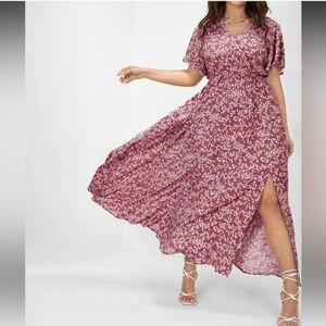 Bloom Dress - Flutter Sleeve Ditsy Floral Pocket Split Maxi Dress (3X 22-24)